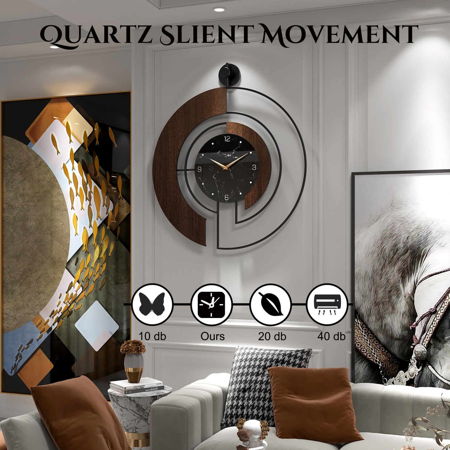 VIVIFLYSE Modern Walnut Marble Dial Wall Clock, Large Wood Metal Frame Silent Non Ticking Wall Clocks for Living Room, Bedroom Decoration, Contemporary Home Wall Decor Gift Idea, 22 in