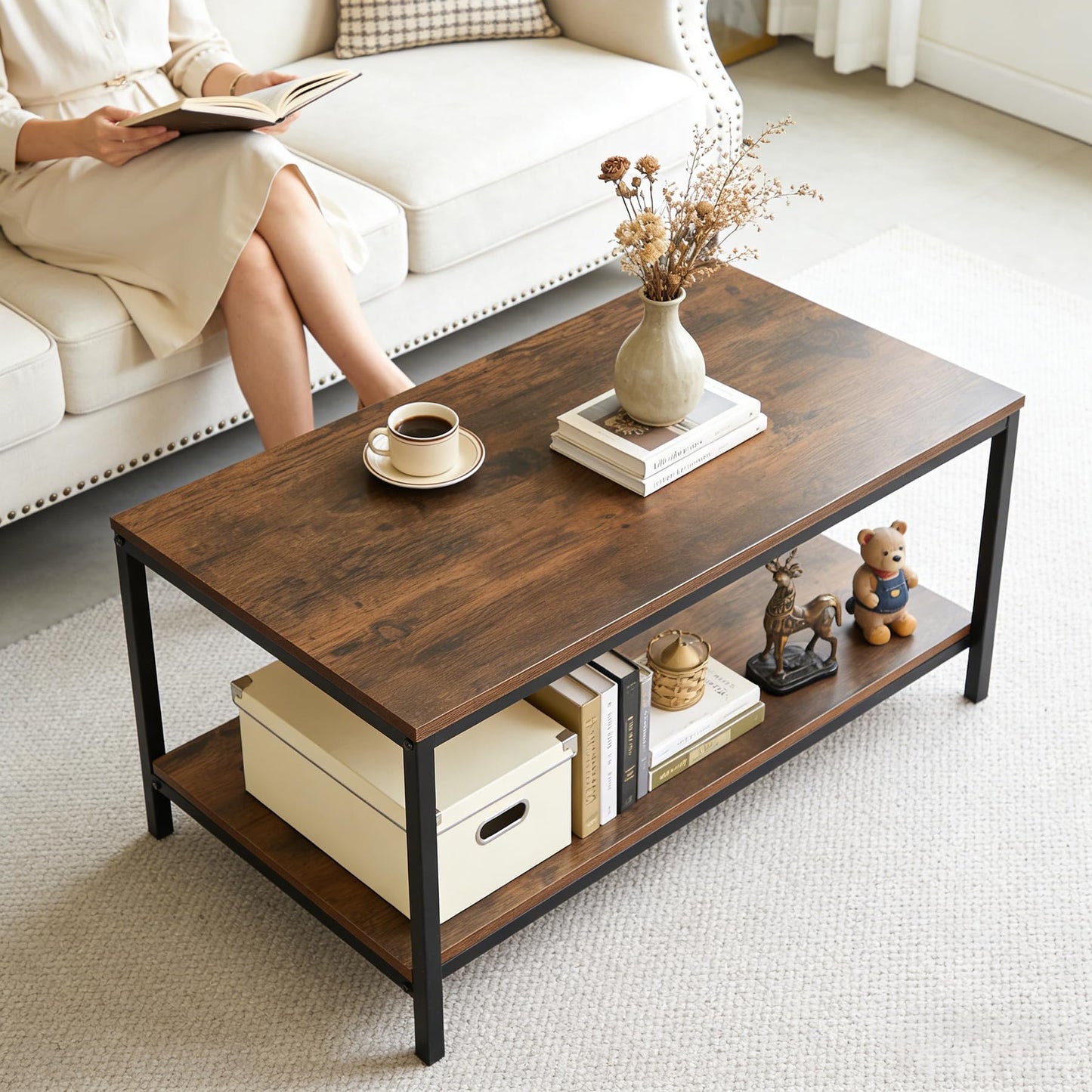 SUPER DEAL 2-Tier Industrial Coffee Table with Storage Shelf for Small Apartment Living Room, Rectangle Wood and Stable Metal TV Stand Side End Table, Rustic Brown