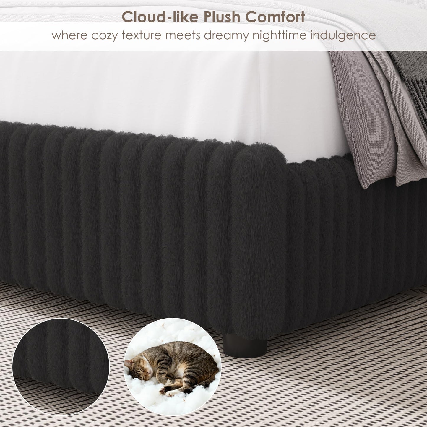 Keyluv Queen Bed Frame with 54” Tall Faux-Fur Wingback Headboard, Upholstered Platform Bed with LED Light, Mattress Foundation with Solid Wooden Slats Support, No Box Spring Needed, Noise-Free, Black