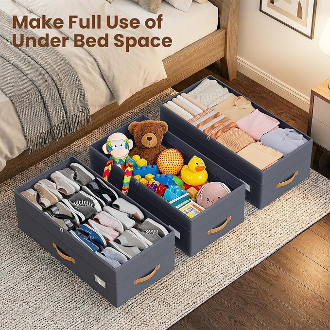 Budding Joy Under Bed Storage with Wheels 2Pack, 80L Height Adjustable Underbed Containers with Clear Lids, Rolling Under Bed Shoe Storage Organizer for Dorm Home Clothes, Blankets, Toys, Grey
