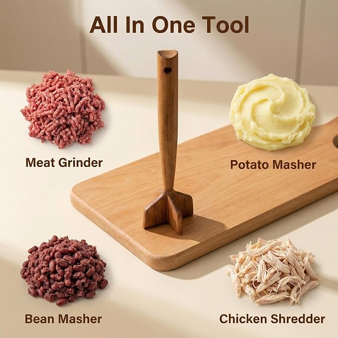 Natural Teak Wood Meat Masher, Ground Beef Masher, 11.5 Inch Chicken Shredder Tool, Multipurpose Kitchen Tool