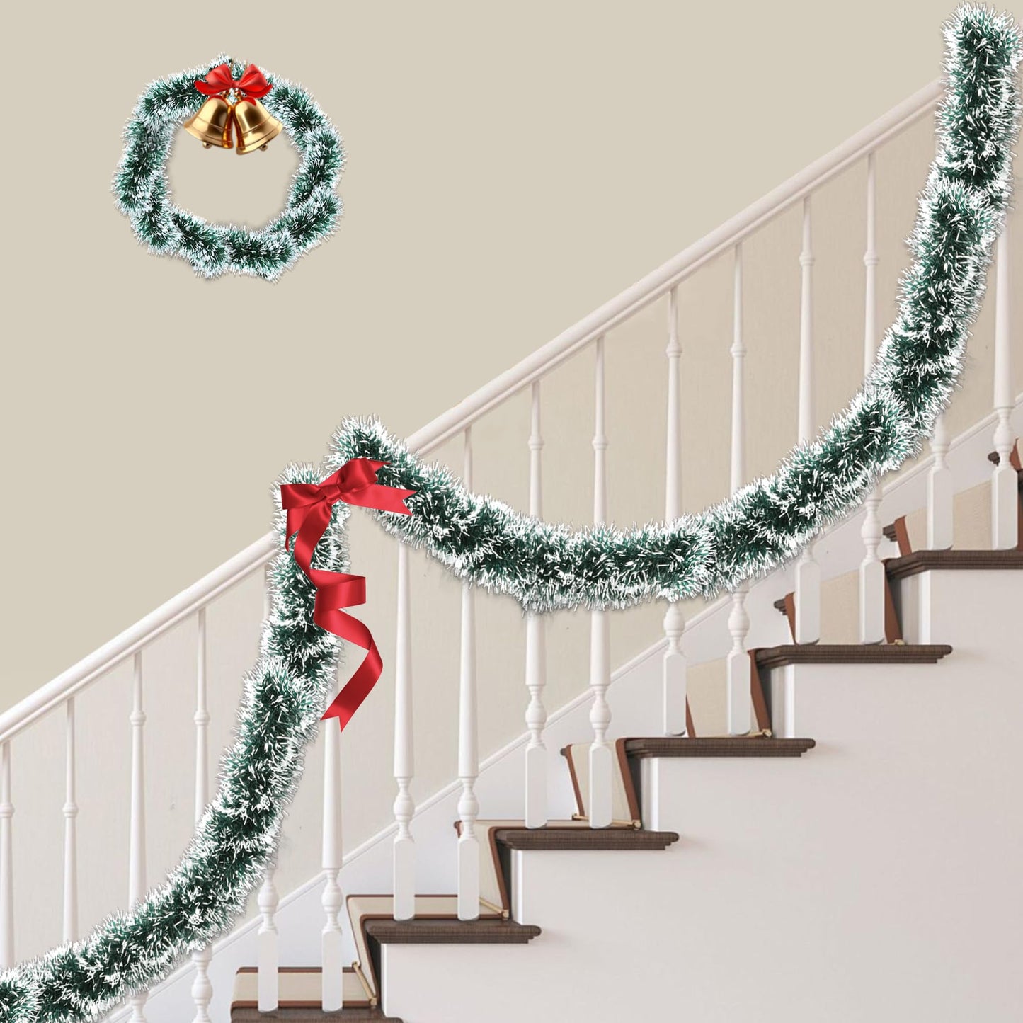 50FT Green White Christmas Tinsel Garland, Metallic Twist Xmas Garland for Christmas Tree Decorations, Holiday Hanging Garlands for Mantel Staircase Fireplace Indoor Outdoor Home Party Decor