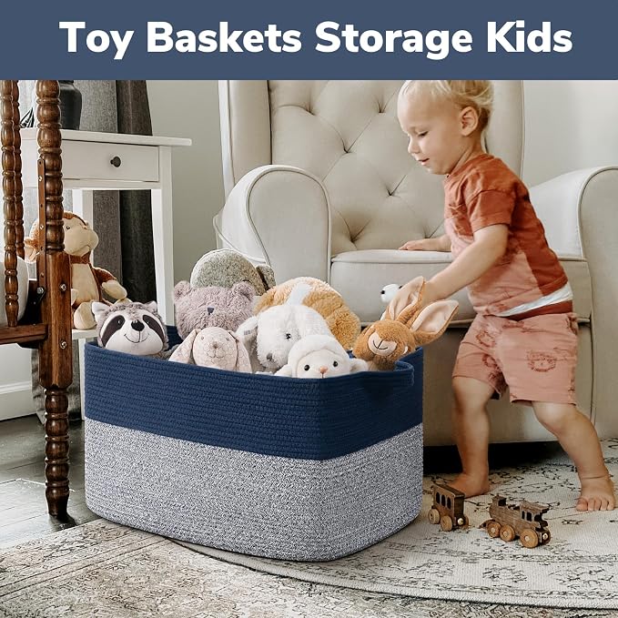 Goodpick Large Blanket Basket 22" x 17" x 12" Woven Storage Baskets for Organizing, Decorative Cotton Rope Basket for Living Room Home Decor, Toy Baskets for Kids, Mixed Blue