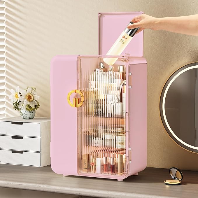 SEE SPRING Makeup Organizer for Vanity, Large Capacity Skincare Organizers and Storage with Drawers, Dustproof Cosmetic Display Case for Bathroom Countertop, Trendy Teen Girl Gifts, Pink