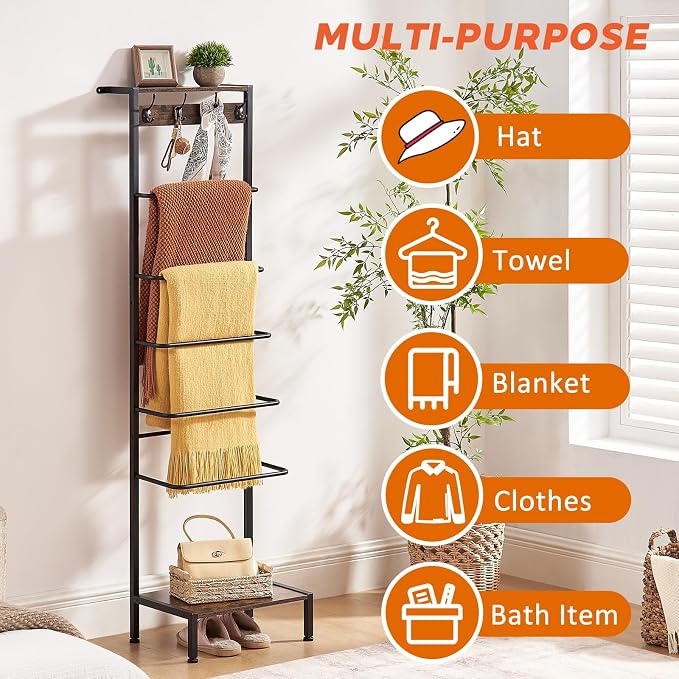DGWJSU 7 Tier Blanket Ladder for The Living Room and Bedroom, 5.12 Ft Farmhouse Ladder Shelf with 2-Tier Storage Rack, Decorative Ladder with 4 Coat Hooks, Blanket Rack,Ladder Shelves
