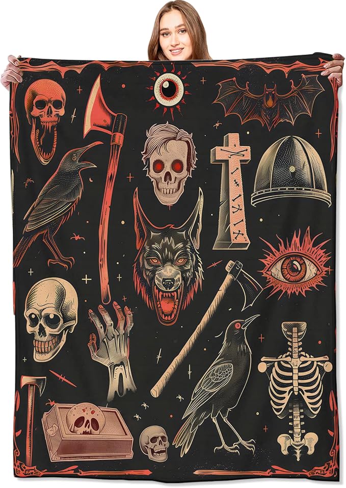 Vintage Gothic Horror Blanket,Creepy Goth Skeleton Skulls Bats Fun Throw Blankets,Gifts for Women Men, Lightweight Soft Fleece Cozy,for Couch Bed Room,Festival Halloween Decor,40x50in
