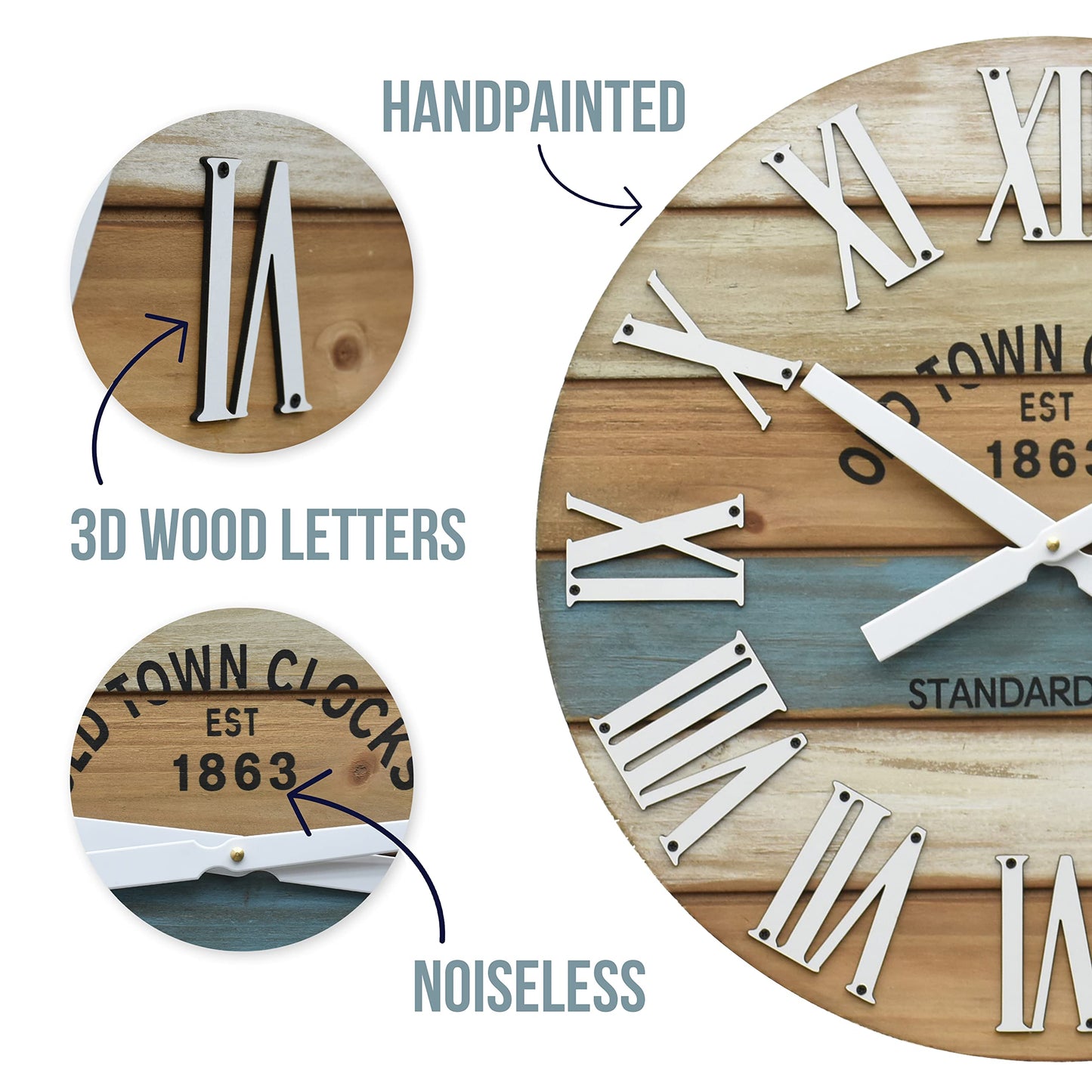 Oldtown Clocks 24" Wooden Multi-Color Maritime Coastal Beach Large Roman Wall Clock (Blue, 24 inch)