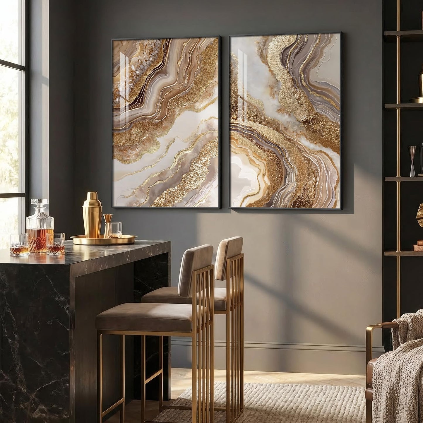 Framed Abstract Brown Gold Wall Art for Living Room, 2 Piece Large Modern Luxury Artwork for Walls, Contemporary Bright Style Picture Prints Paintings for Bedroom Dining Room Office 24x36 Inch