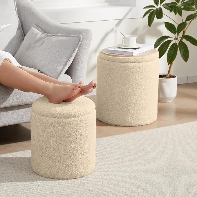 Royal Windsor Boucle Round Ottoman with Storage Set of 2,Small Foot Stool Ottoman for Living Room, Small Coffee Table,Vanity Stool with Storage for Bedroom, Beige