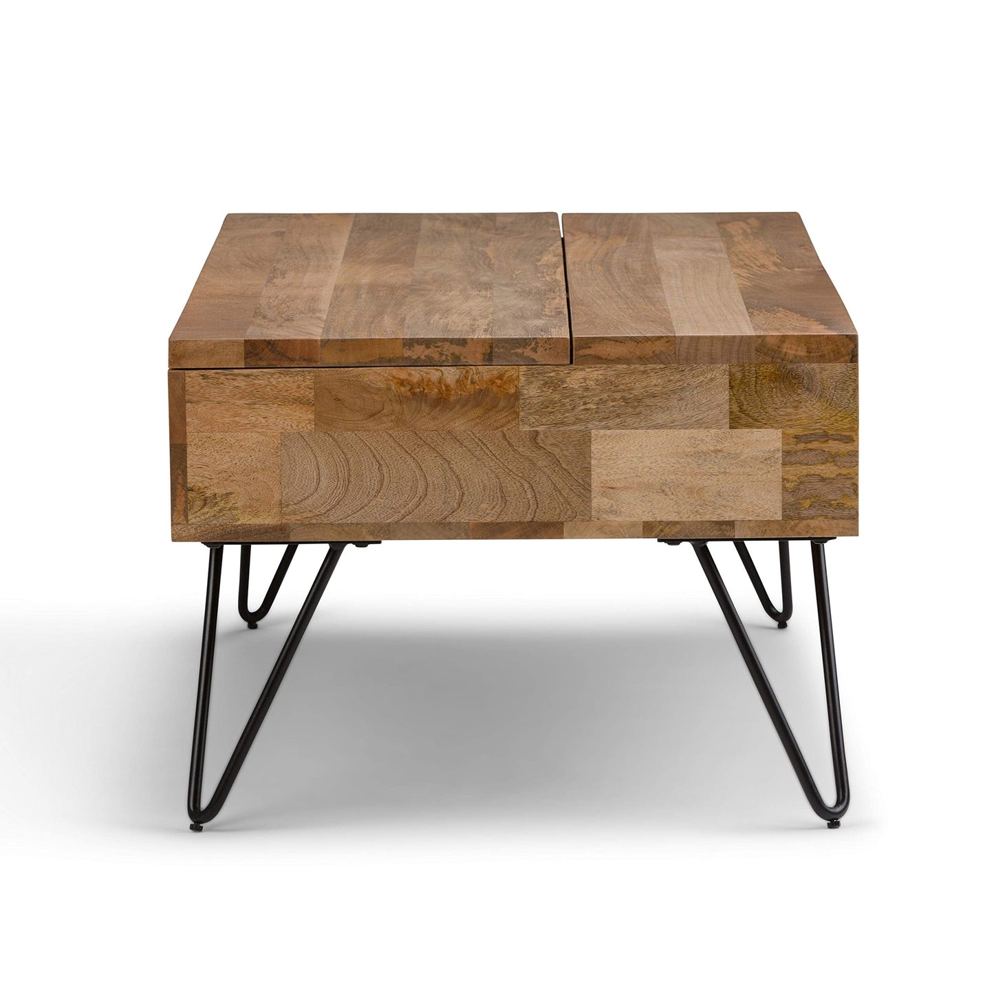 SIMPLIHOME Hunter Lift Top Coffee Table - 48 inch Wide Solid Mango Wood and Metal Industrial Cocktail Table in Natural, Functional Living Room Table with 2 Storage Cubbies and Hairpin Legs