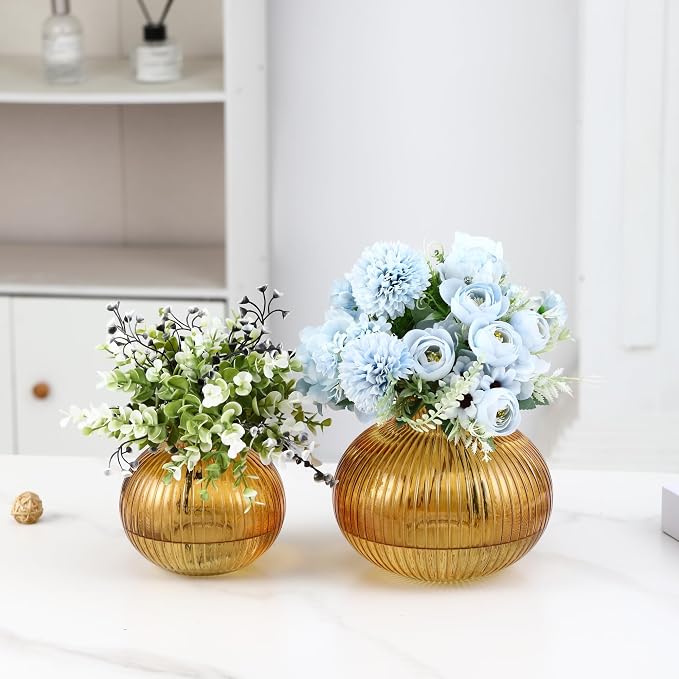 Amber Glass Vases for Tulips, Set of 2, Flower Vases for Bouquet, Ribbed Glass Vase for Flowers, Short Vase for Living Room, Office, Coffee Table, Shelf, Wedding