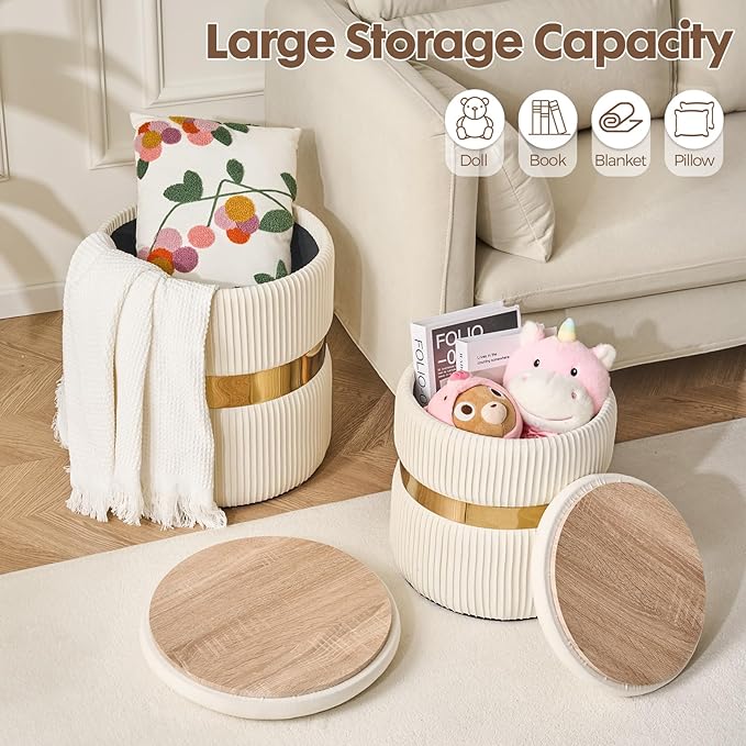 Round Ottoman with Storage Set of 2 Small Ottoman Coffee Table, Foot Stool, Vanity Chair, Removable Lid, for Living Room, Bedroom, Hallway, Assembly Free (White with Middle Gold)