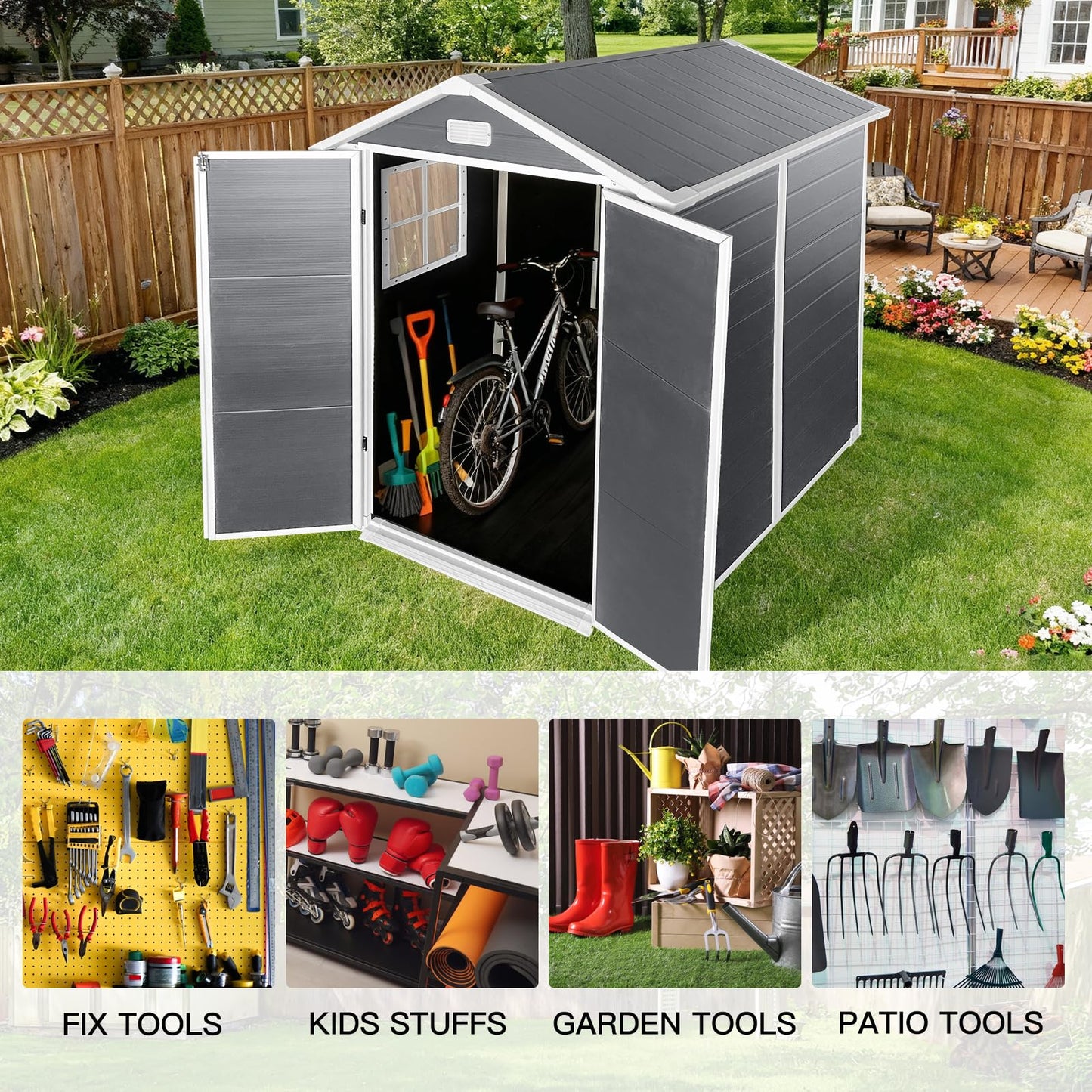 YOPTO 6x6 FT Storage Shed,Plastic Outdoor Storage Shed with Floor and Lockable Door,Waterproof Garden Shed W/Windows & Vents,Sloped Roof,Tool House for Storing Bicycles,Lawnmowers,Gray