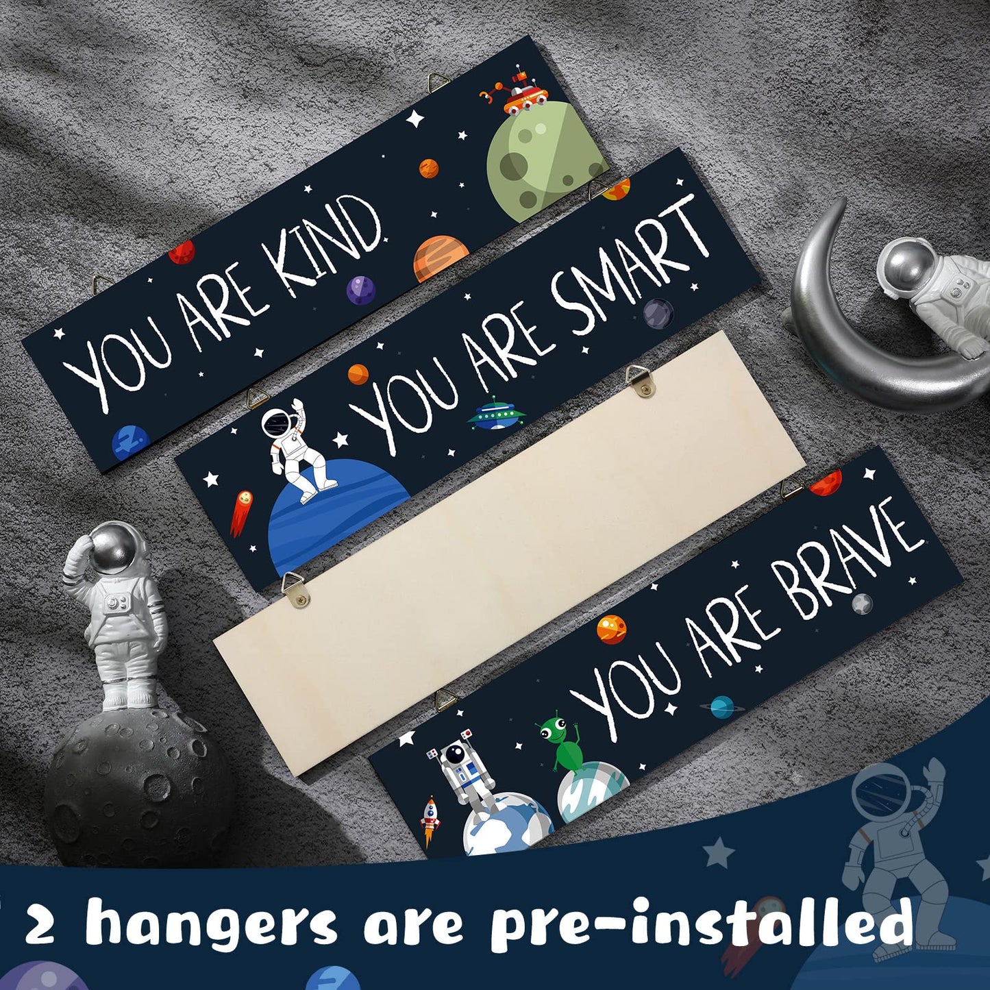 Chunful 4 Pcs Wooden Space Classroom Decor Outer Space Classroom Decorations Inspirational Wall Decor Astronaut Room Decorations Spaceman Galaxy Posters for Boy Room Bedroom Nursery
