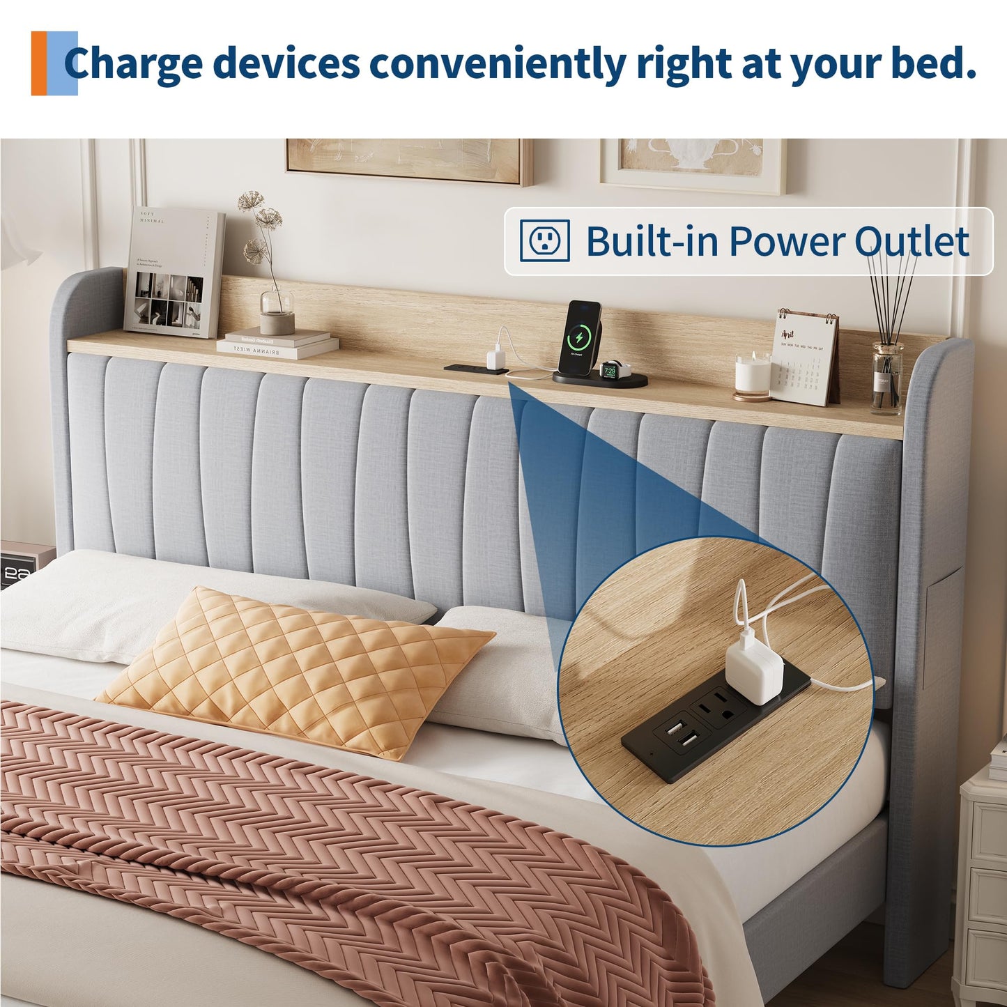 Garvee Upholstered Bed Frame King Size with Storage Headboard and Charging Station, Platform Bed Frame with Drawers, Heavy Duty, No Box Spring Needed, Easy Assembly, Light Grey