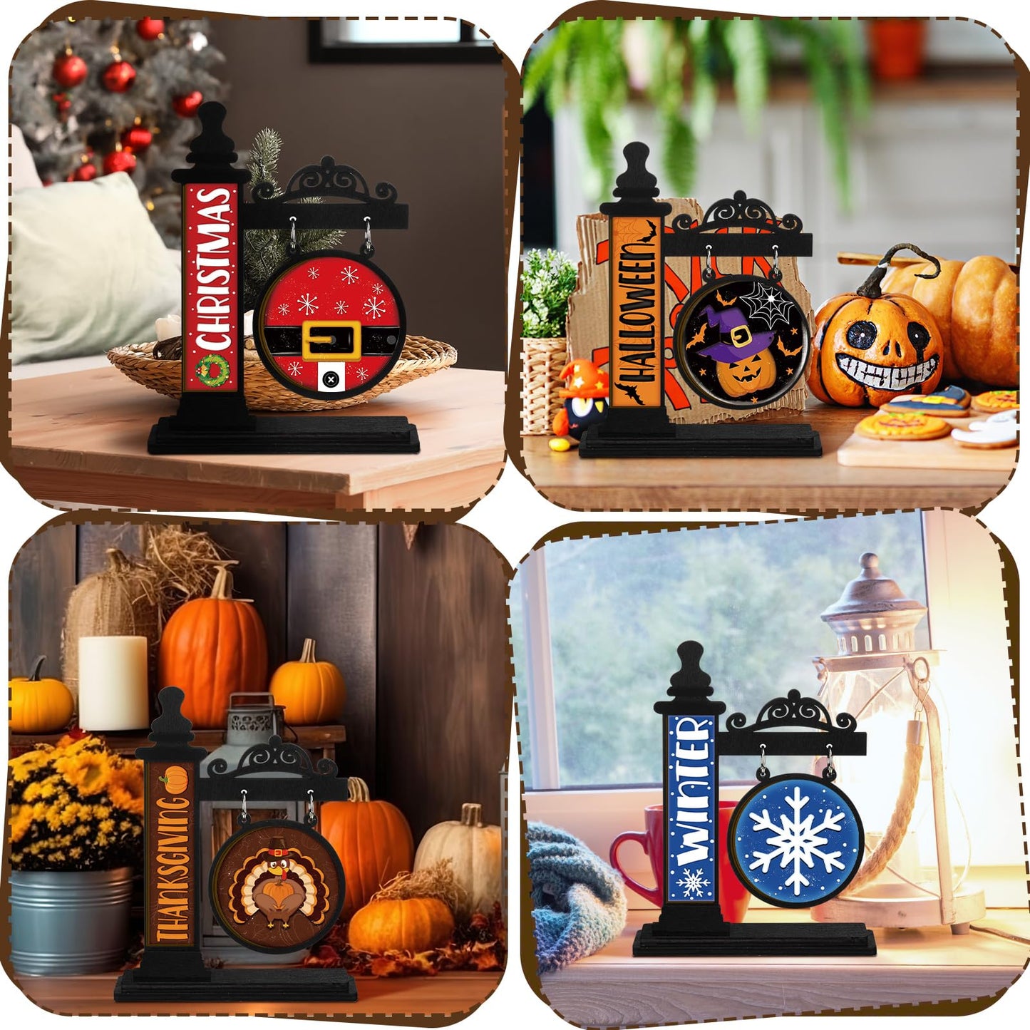 RattanView 41 Pcs Interchangeable Seasonal Decor Mini Standing Sign Farmhouse Convertible Holiday Wood Welcome Sign for Summer 4th of July World Bee Day Table Decor(Black)