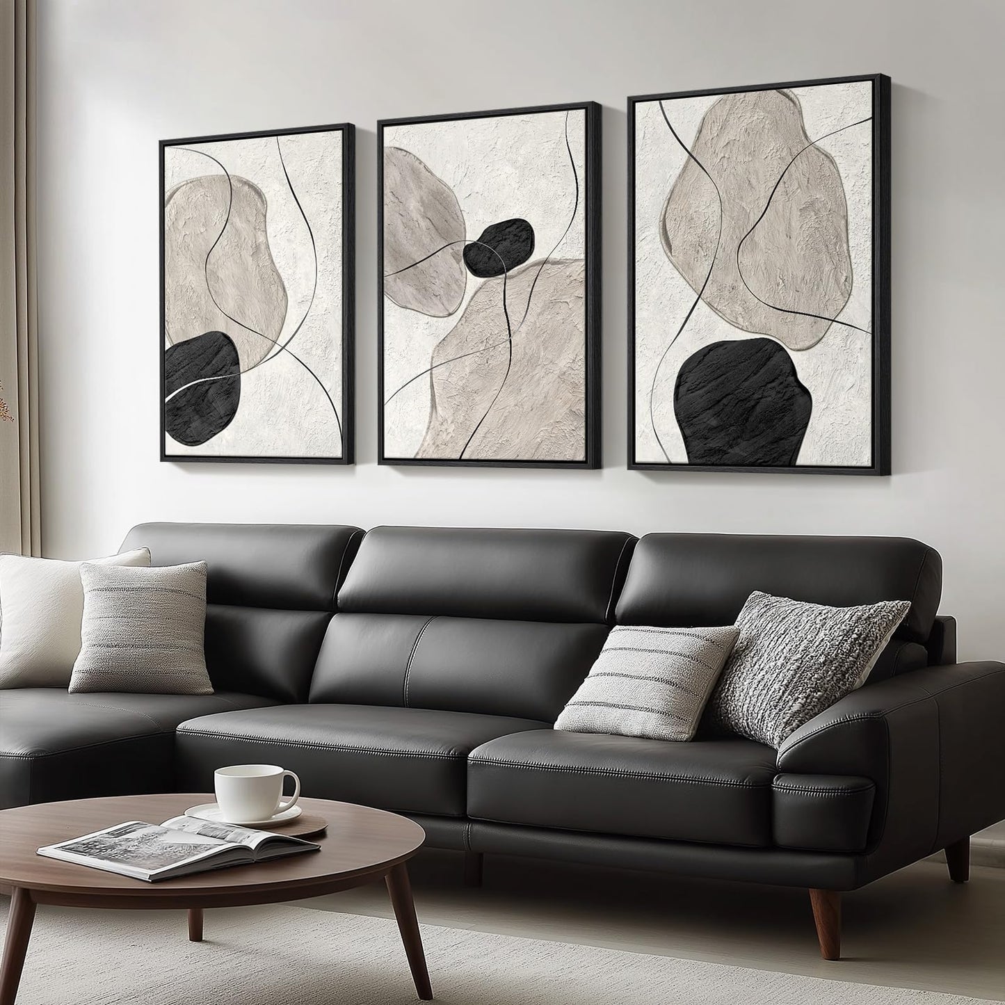 Framed Black and White Abstract Wall Art for Living Room, Large 3 Piece Neutral Minimalist Canvas Artworks, Modern Painting Prints for Dining Room Hallway Home Office Wall Decor, 24x36 In