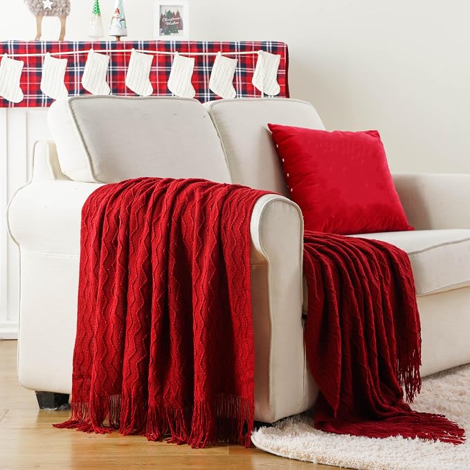 BATTILO HOME Christmas Red Throw Blanket for Couch, Textured Soft Burgundy Throw Blankets, Decorative Knitted Red Blanket for Sofa Bed Living Room, 50"x60"