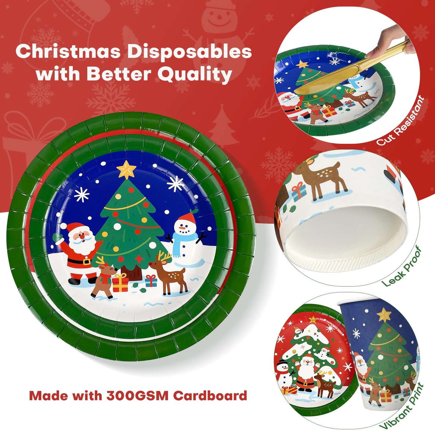 Christmas Paper Plates Disposable w/Napkins Cups & Cutlery, 50 Serves Santa Dinner Plates Sets, Heavy Duty Christmas Plates Disposable Supplies for Family, Winter Holiday Party Decrorations 175 pcs