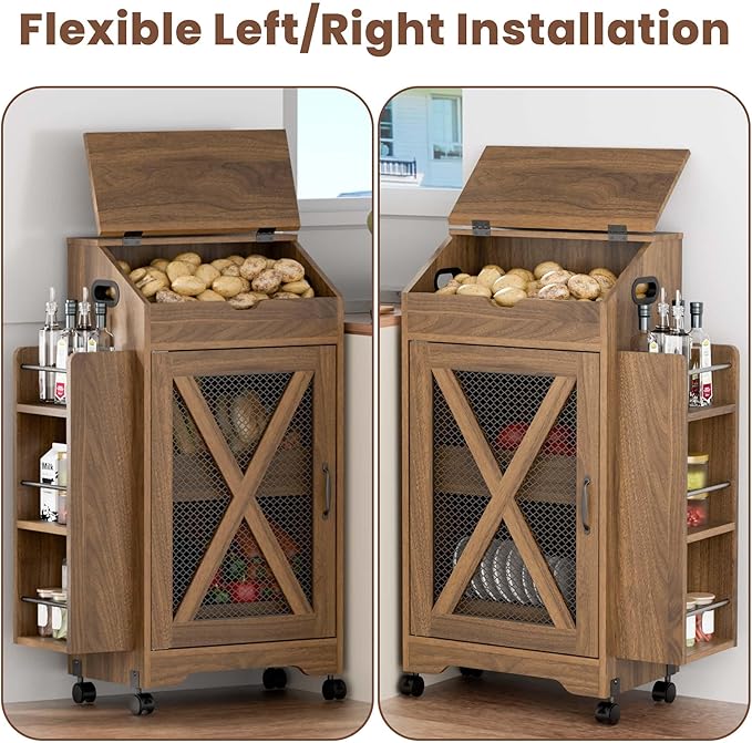 Potato and Onion Storage Bin, Movable Fruit and Vegetable Bin with Spice Rack, Wooden Large Bread Box, Farmhouse Potato Storage Cabinet for Kitchen, Pantry