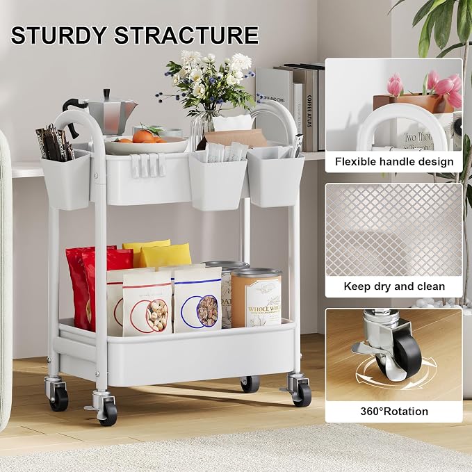 2 Tier Rolling Cart Metal with Wheels, White Under Desk Storage Roller Caddy on Wheels, Two Tiered Short Shelf Trolley, Small Utility Organizer Carts for Dorm, Bathroom, Craft, Art, Baby, Pantry,Snack