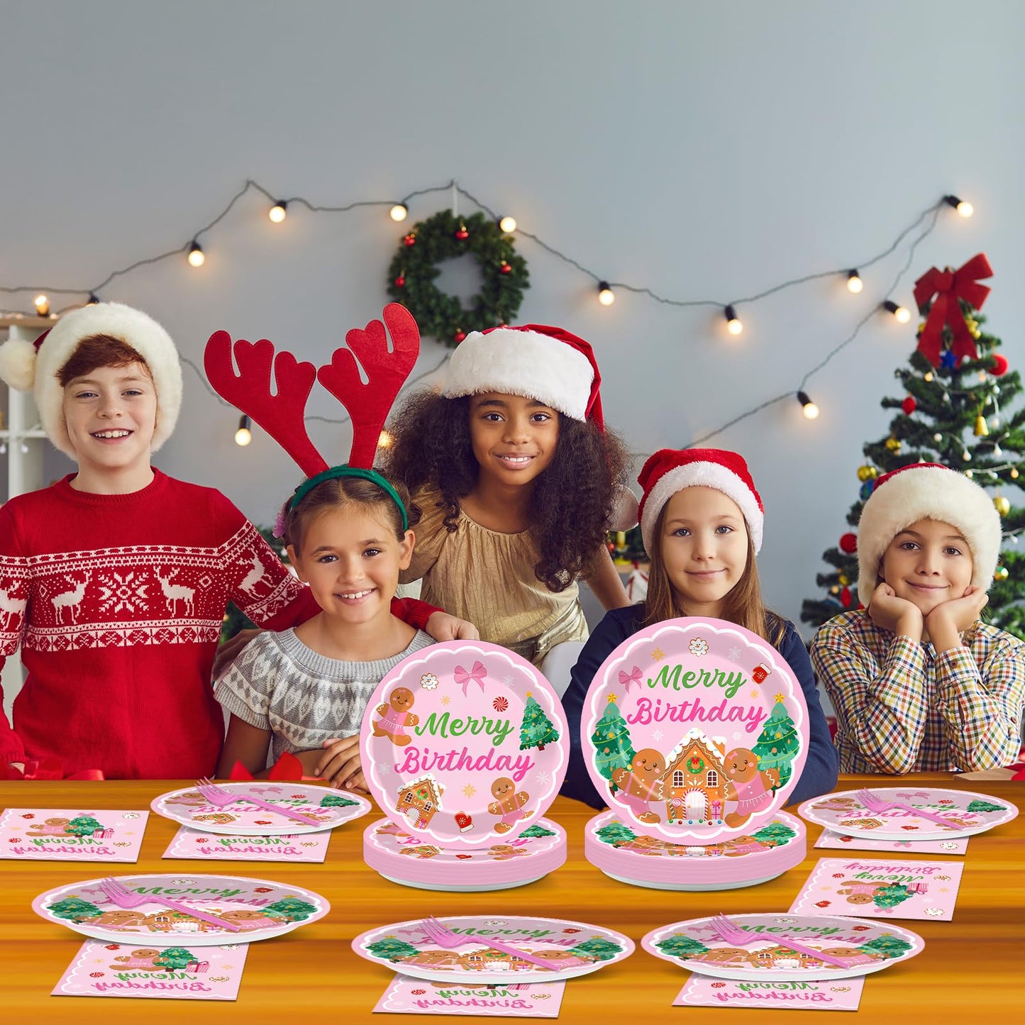 96 Pcs Gingerbread Birthday Party Plates Napkins Tableware Set Pink Christmas Party Supplies Disposable Dinnerware Merry Birthday Decoration Favors for Winter Xmas Baby Shower Holiday, 24 Guests