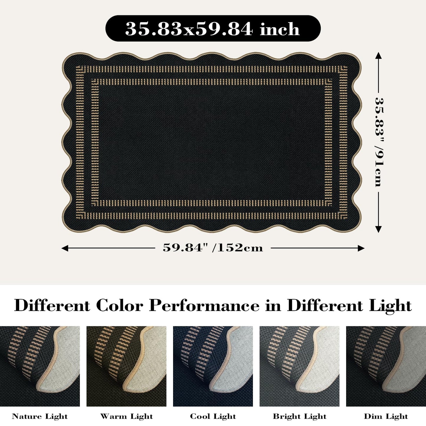LORWER Modern Easy Jute 3x5 Outdoor Patio Rug, Black Washable Rugs for Entryway Indoor Kitchen Rugs, Farmhouse Neutral Non Slip Carpet for Living Room Backyard