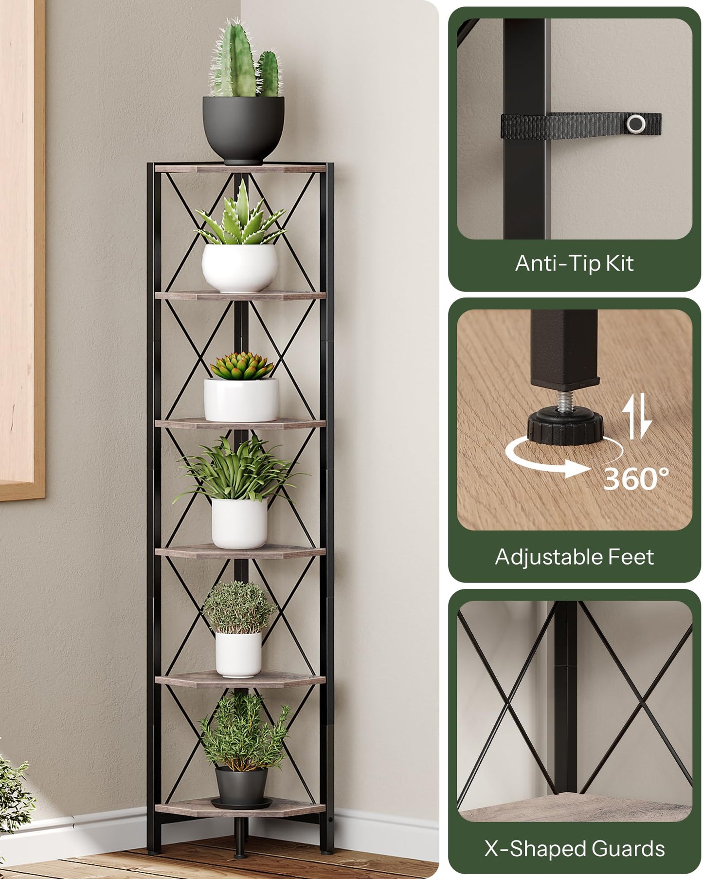CHOEZON 6-Tier Corner Shelf, Corner Bookcase, 66.9" Tall Vertical Display Rack, Plant Stand, Open Storage Shelf, for Living Room, Bedroom, Study, Kitchen, Greige and Black TCJ13BG