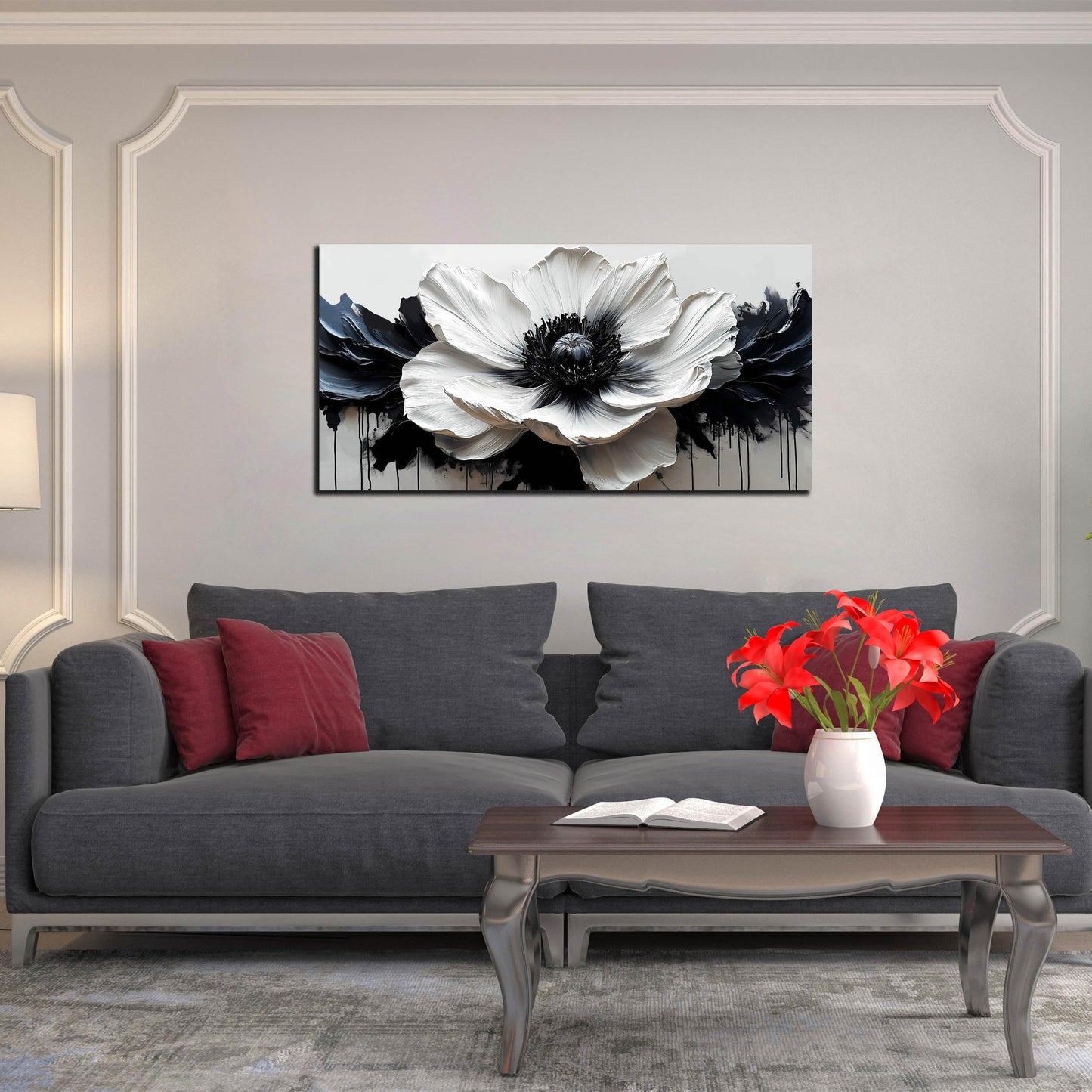 HUBOSKN Flower Canvas Wall Art for Living Room - Black and White Wall Art for Bedroom - Modern Wall Decor for Bedroom Women Size 20" x 40"
