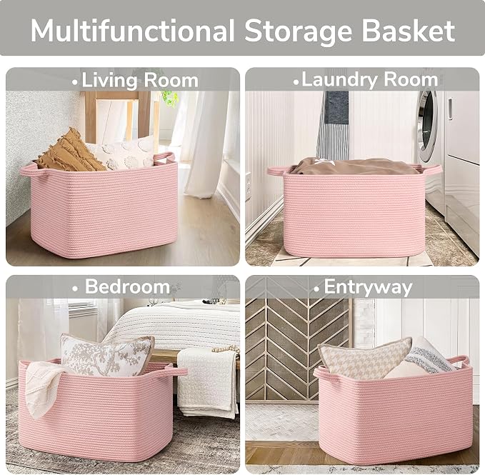 Goodpick Large Blanket Basket, Woven Baskets for Storage, Large Baskets for Organizing, Rectangle Toy Basket for Nursery, Bedroom, 21.6" x 14.9" x 11.8", Pink