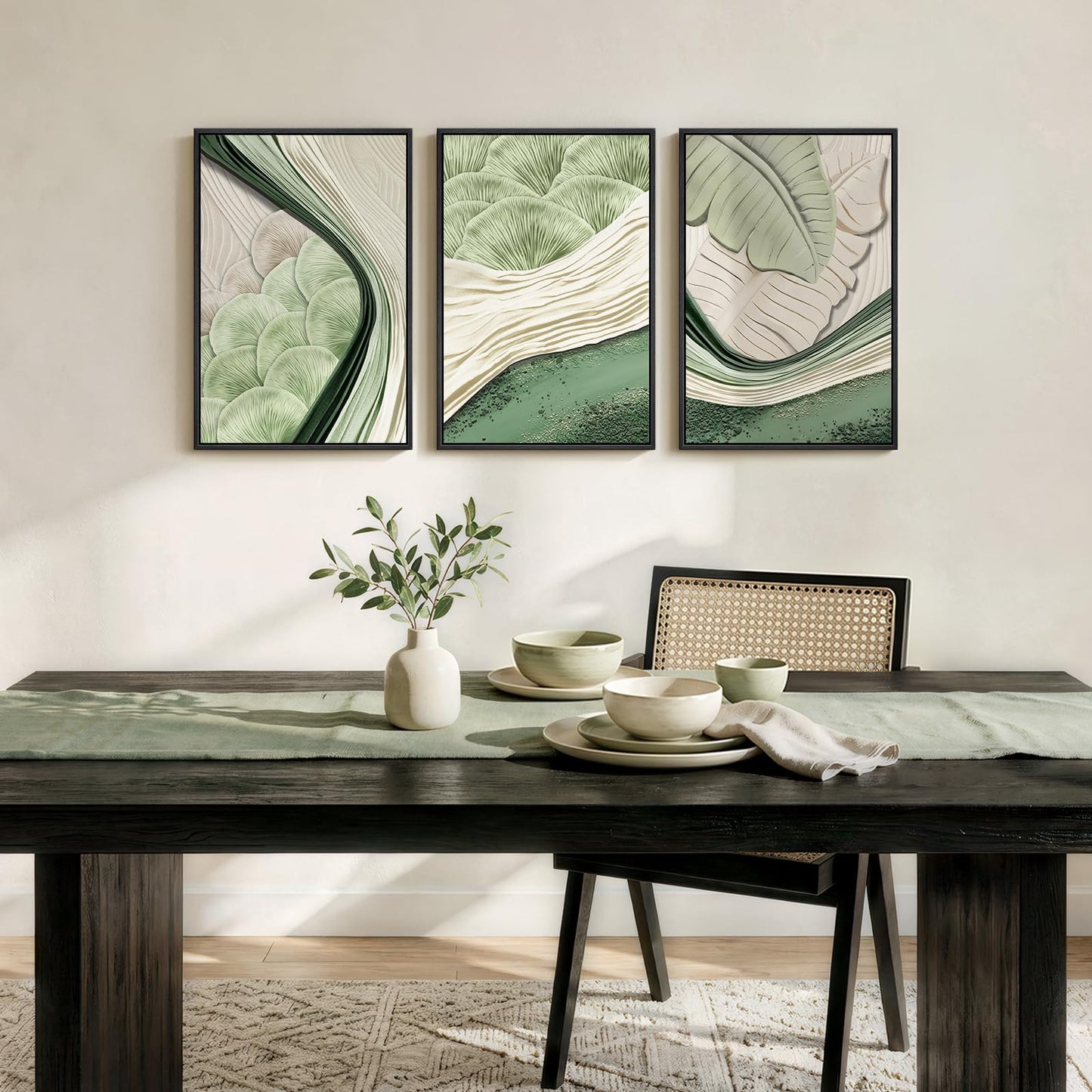 Framed Green Abstract Wall Art Bedroom, 3 Piece Botanical Modern Minimalist Canvas Print Artwork for Walls, Leaf Paintings Pictures for Small Living Room Dining Room Office Wall Art Decor, 16x24 Inch