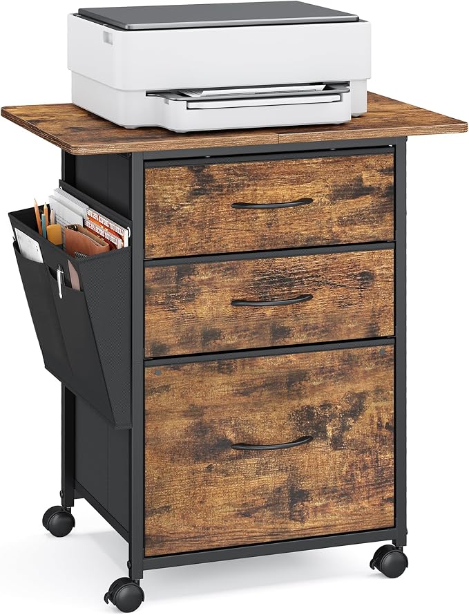 VASAGLE 3-Drawer File Cabinet, Mobile Printer Stand with Storage, Filing Cabinet for A4 Letter Size, Side Pockets, 23.6 x 15.7 x 26.8 Inch, Rustic Brown, Bellah Collection UOFC201KD01