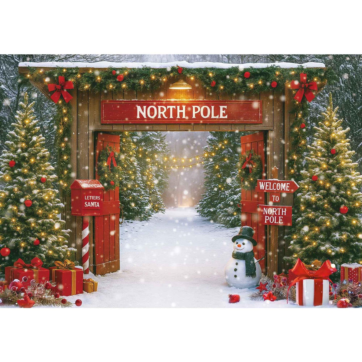 Fluzimir Christmas Photography Backdrop 10x8ft – Rustic Snowy Forest Barn Door with Xmas Tree, North Pole Winter Scene Fabric Photo Background for Family Party, Baby Holiday Photos