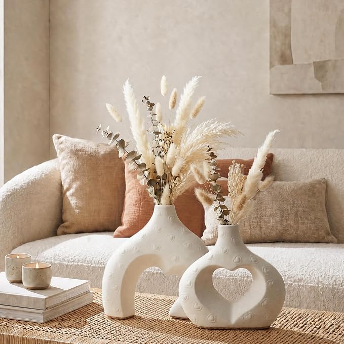 Ceramic Heart Flower Vase Home Decor Set of 2, Farmhouse Table Vases Rustic Vintage Living Room Kitchen Bedroom Decorations for House Book Shelf Office Coffee Desk Dining Fireplace
