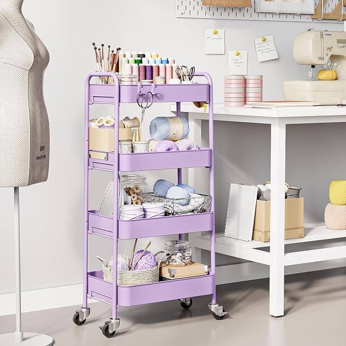 TOOLF 4-Tier Rolling Cart - Metal Storage Organizer with Lockable Wheels, 44 lbs Per Shelf Capacity, Tool-Free Assembly, for Kitchen Bathroom Office Laundry Room Nursery, Purple