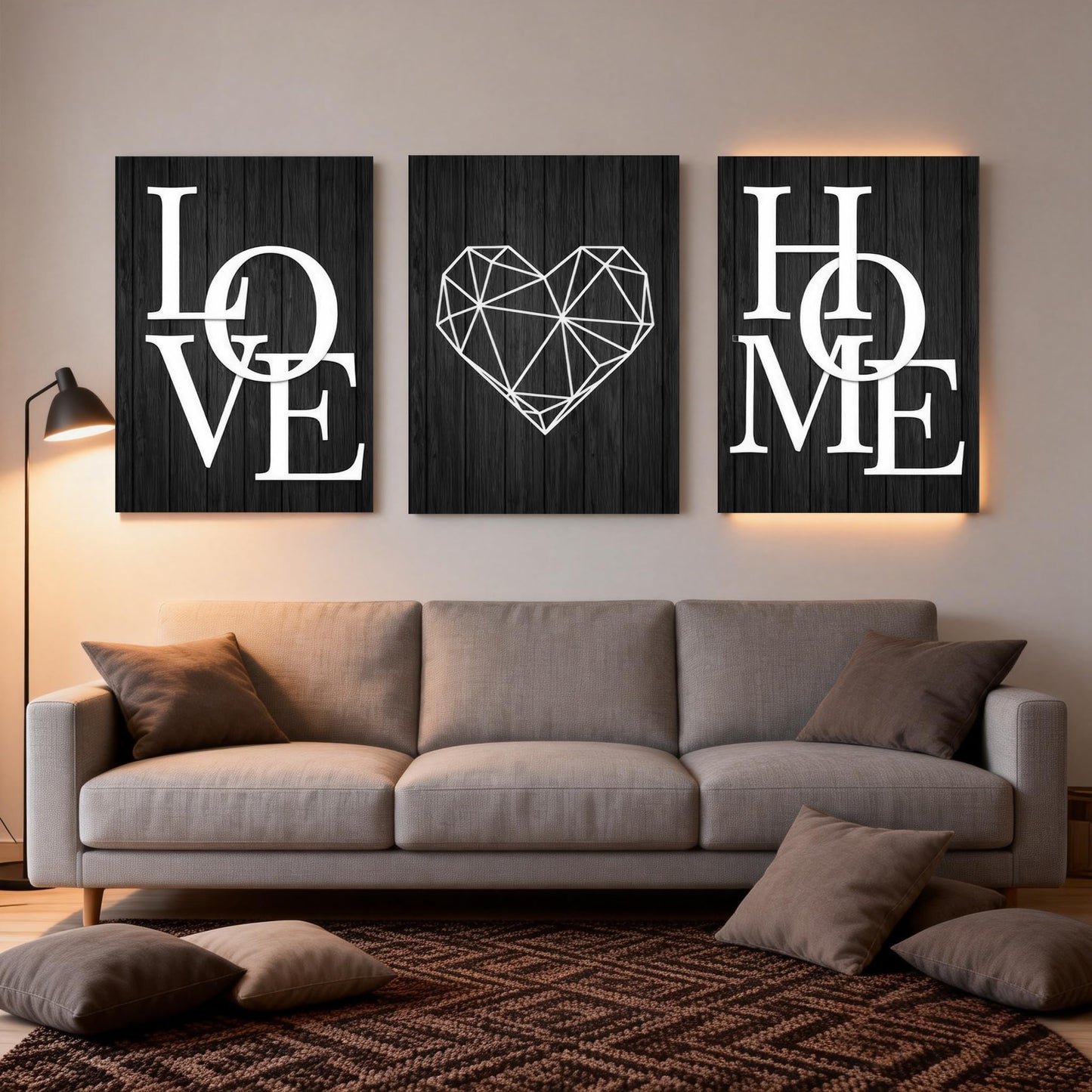 3 Piece Geometric Heart Canvas Wall Art, Black Wood Grain Modern Minimalist Prints, Unframed Love Home Wall Decor for Living Room Bedroom Office 12x16 Inch