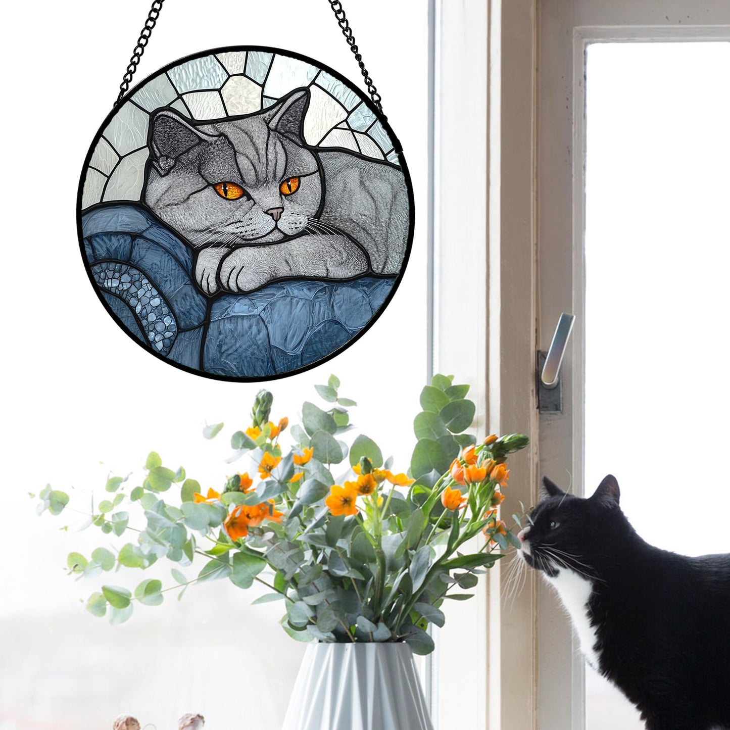 AMDERVEN Stained Glass Window Hanging 4 Pcs Set Cute Cat 6.3" - Suncatcher Door Garden Sun Catcher Decor Birthday Mother's Day Christmas Comfort Gifts for Lost Pet Woman Nana Mom Men Friend