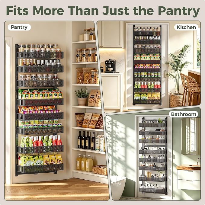 POKIPO 8-Tier Over the Door Pantry Organizer, 2 IN 1 Wall Mount or Hanging Spice Rack with Adjustable Raised Basket, Heavy Duty Back of Door Storage for Kitchen Bathroom Laundry Room
