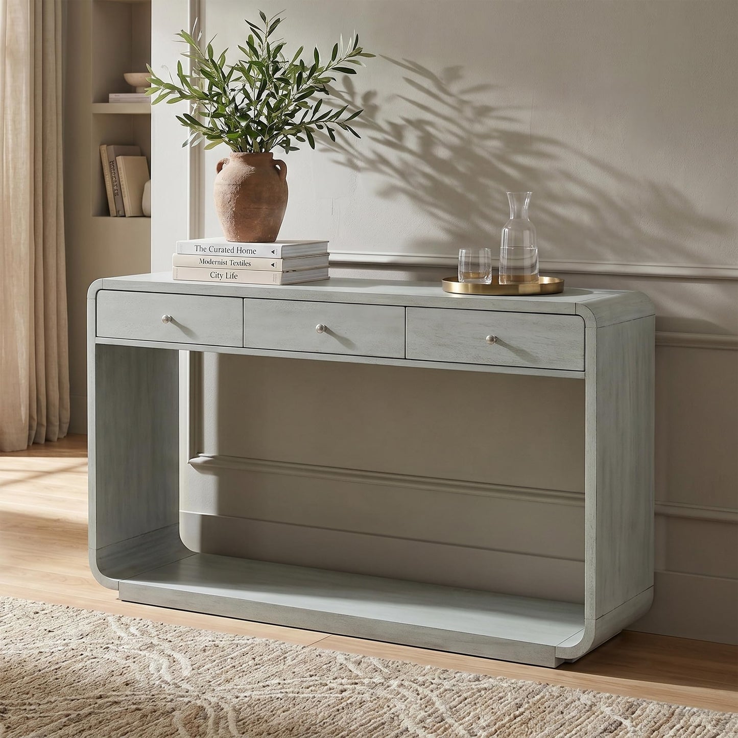 Christopher Knight Home Hiro Narrow Console Table with Storage, Wood Entryway Table with 3 Drawers and 1 Bottom Shelf, Long Entryway Table with Storage, Display Table with Curved Design, Sage Green