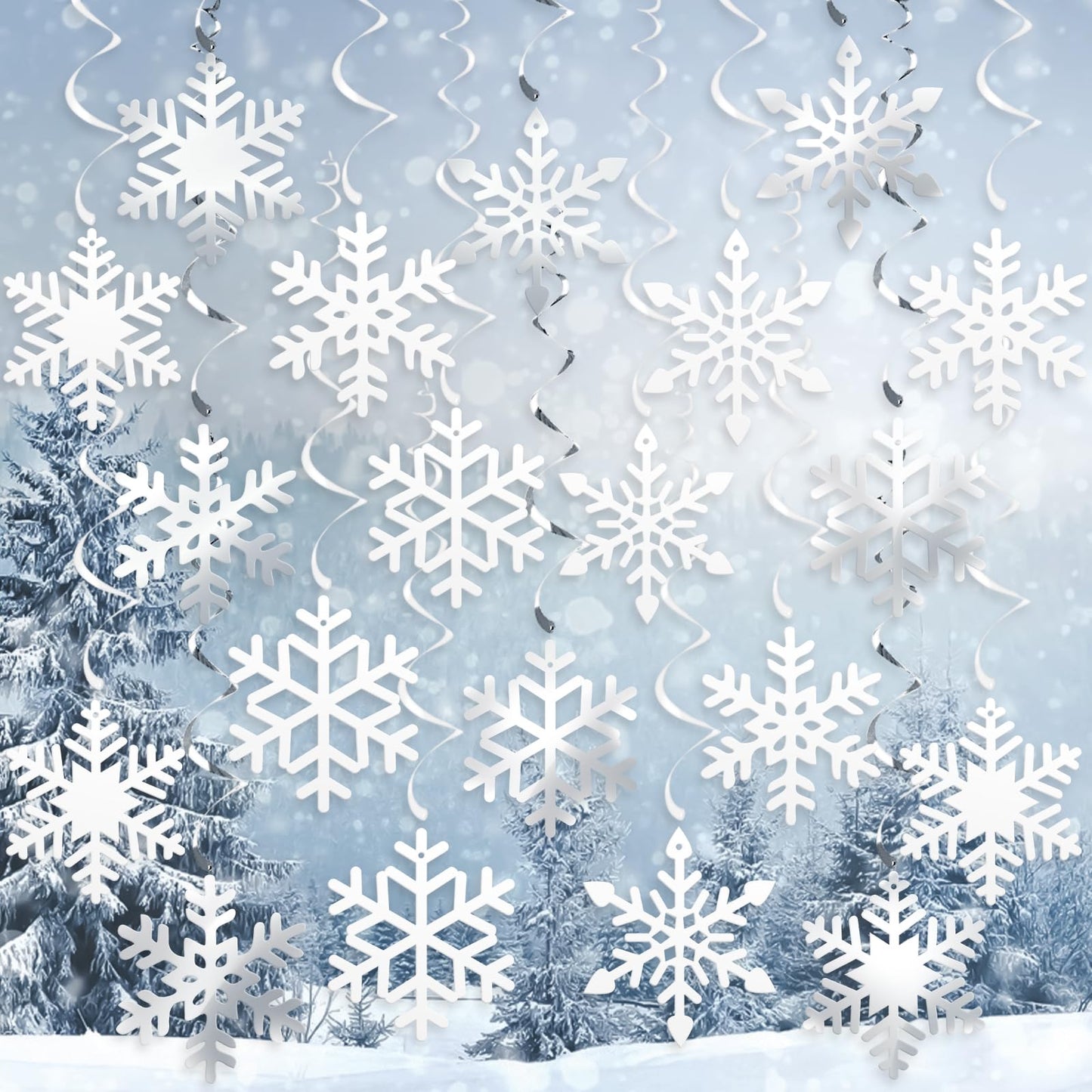 20Pcs Winter Snowflake Hanging Swirl Decorations, Christmas Snowflakes Ceiling Streamers Sliver White Snowflake Hanging Decorations for Christmas Winter Wonderland Frozen Party Supplies