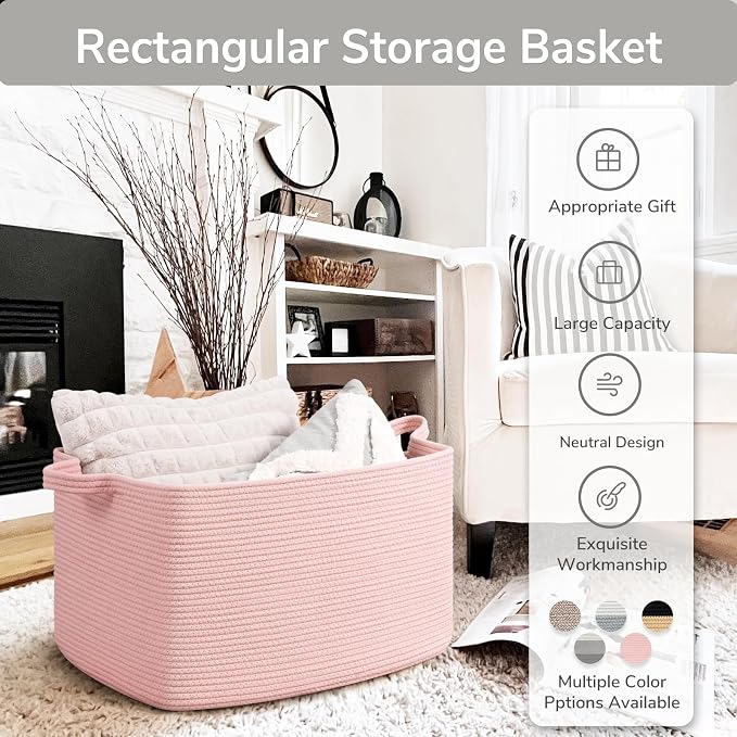 Goodpick Large Woven Blanket Basket 21.6" x 14.9" x 11.8" Storage Baskets for Organizing, Baby Laundry Hamper for Nursery Bedroom, Soft Toy Storage Baskets for Kids Girls, White & Pink