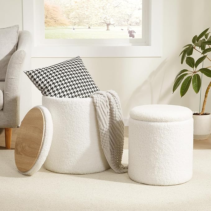 Royal Windsor Boucle Round Ottoman with Storage Set of 2,Small Foot Stool Ottoman for Living Room, Small Coffee Table,Vanity Stool with Storage for Bedroom, White
