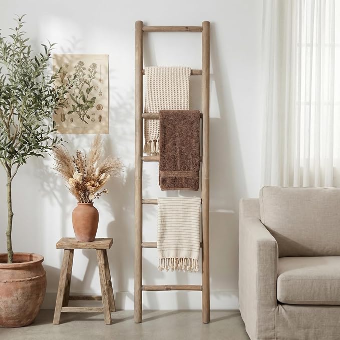 Wooden Blanket Ladder - 76in Natural Wood Color- Leaning Wall Decor for Bedroom, Bathroom, Living Room - Rustic Quilt Holder (Natural Wood Color (Knock Down), 76in(7-Rung) | Knock Down)