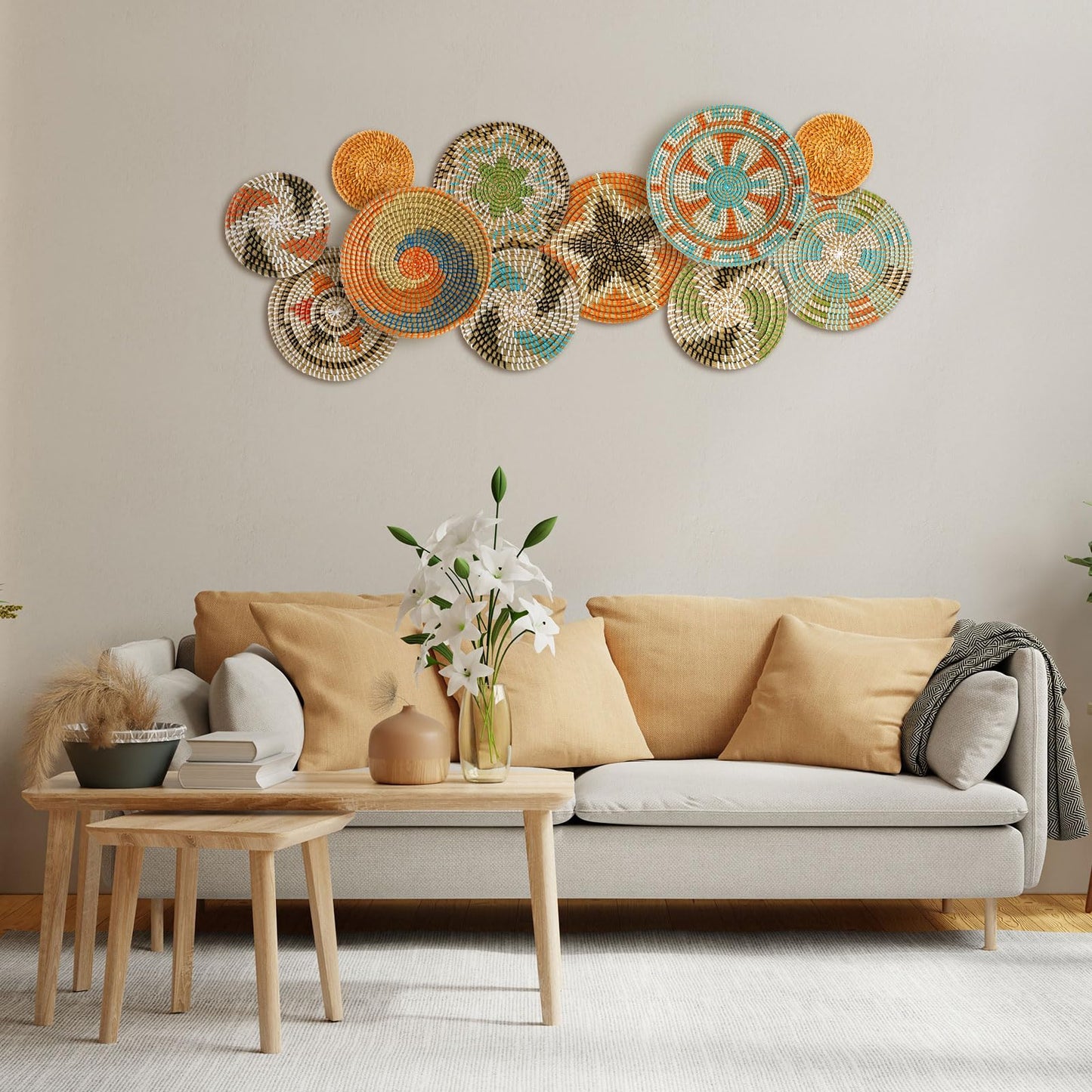 Tatuo 11 Pcs Boho Wall Basket Decor Bulrush Woven Wall Hanging Art Round Farmhouse Rustic Handmade Wicker for Summer Home, Bedroom, Living Room, Kitchen Decorations, Multi Sizes(Farmhouse)