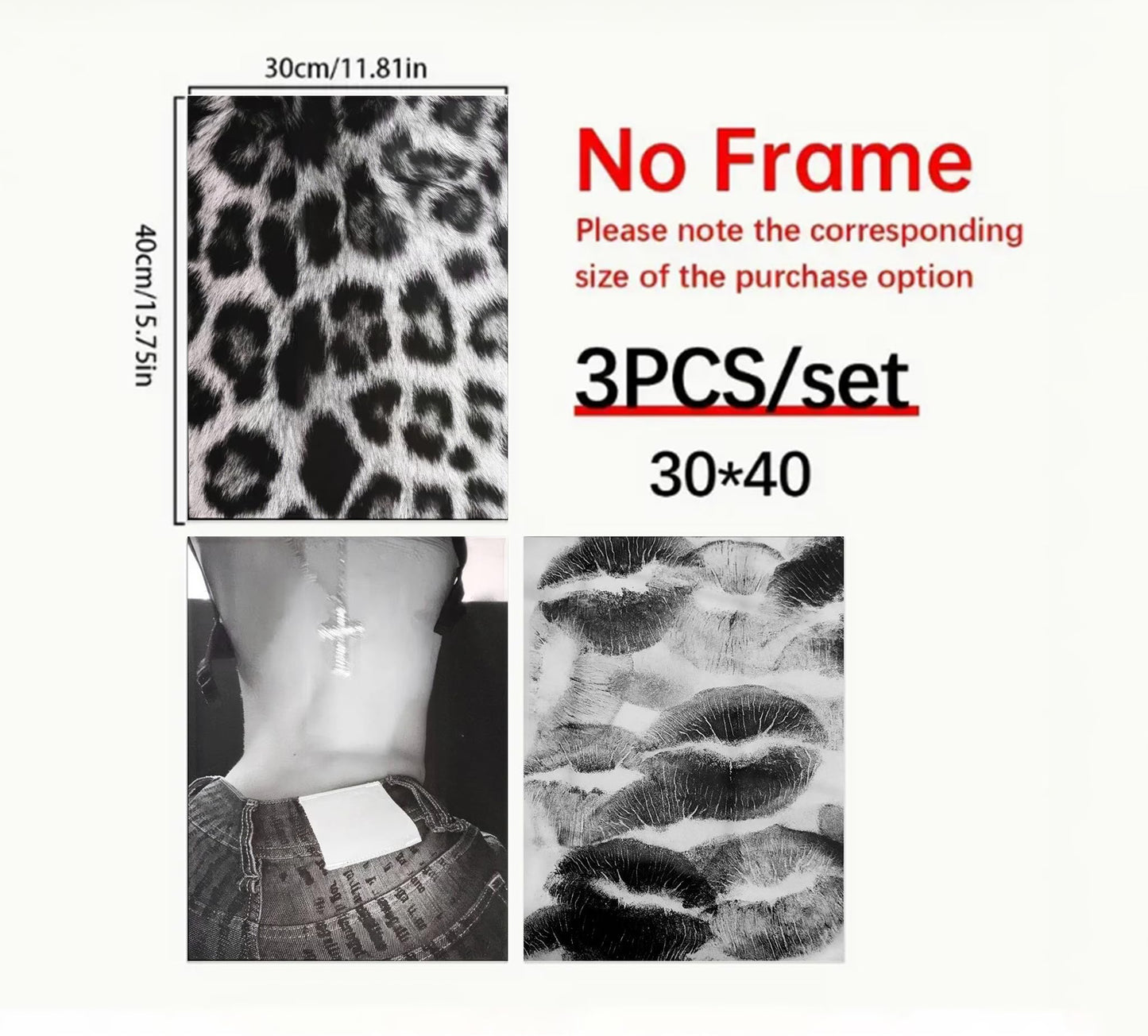Set of 3 Fashion Chic Wall Art Kiss Lips Poster Leopard Picture Wall Decor Trendy Y2k Print Black and White Aesthetic Girly Room Decor for Bedroom Living Room Dorm Home Decoration Unframed 12"x16"