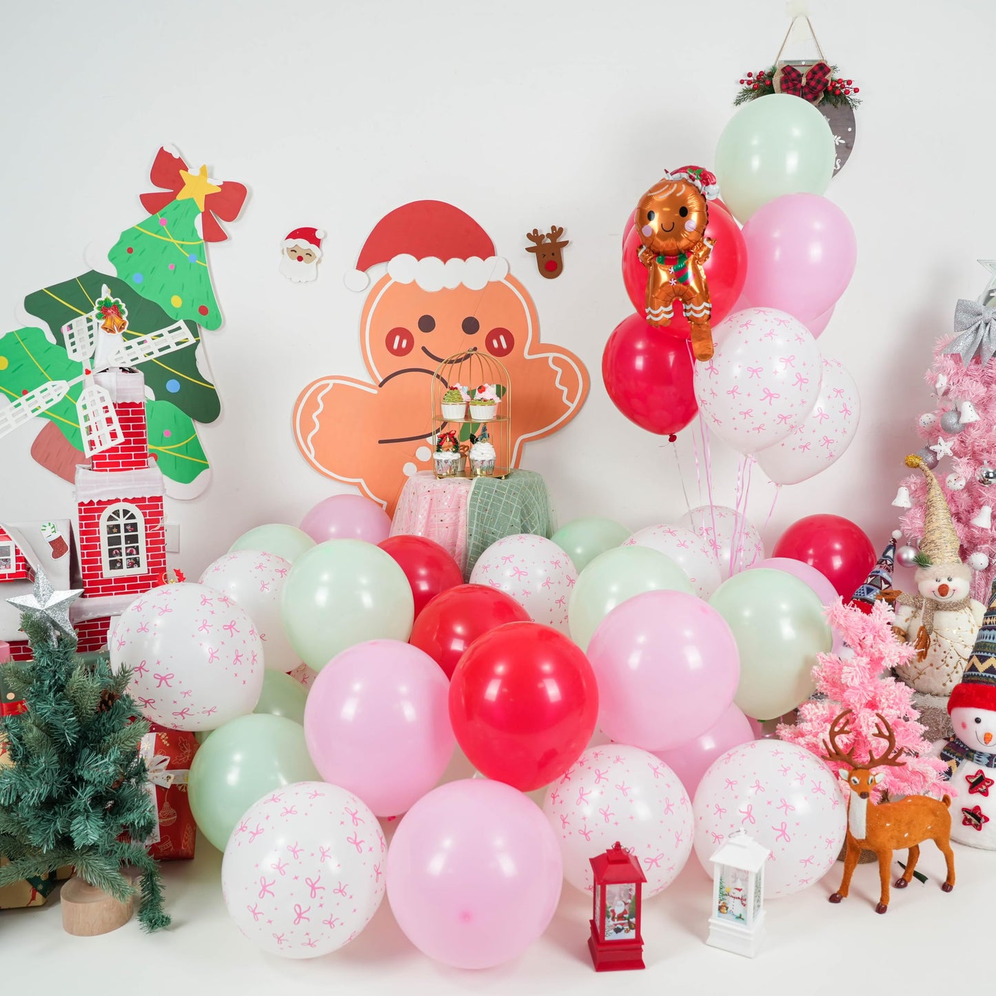 Christmas Balloons, 60pcs Pink and Red Green Balloons with Gingerbread Man Foil Xmas Balloon, Pastel Green Red and Pink Bow White Balloon for Christmas Party Decorations Birthday New Year Supplies