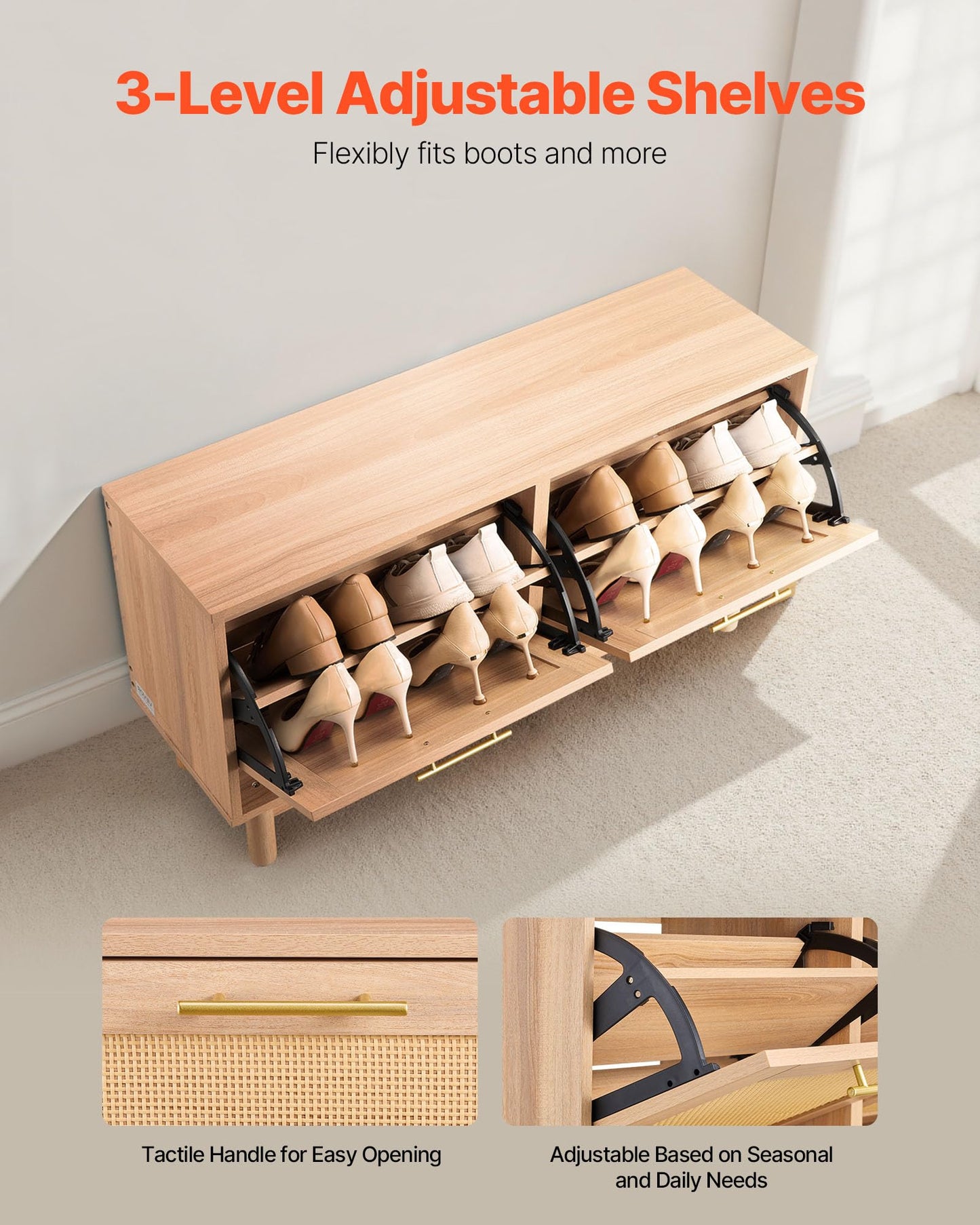 VEVOR Rattan Shoe Storage Bench, Entryway Bench with 2 Flip Drawers, Holds up to 300 lbs with 4 Compartments and 2 Rattan Doors, 39.4 x 11.8 x 20.9 Inches for Hallway, Living Room, Bedroom