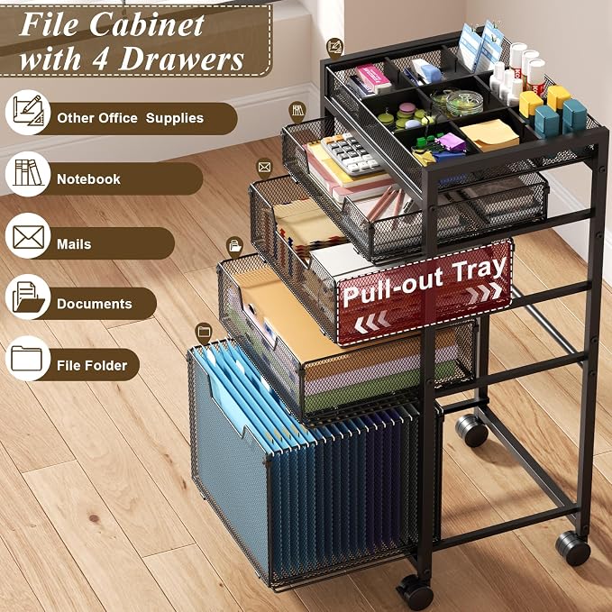Rolling File Cart with 4 Storage Drawers, Under Desk Organizer with DIY Divider, Moblie Filing Cabinet on Wheels, Fits A4/Letter Size, Metal Utility Cart for Home Office, Black