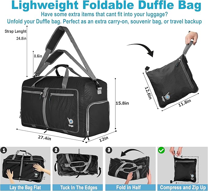 Bago Large Foldable Duffel Bags for Traveling Women & Men - 80L Packable Duffle Bag for Travel with Shoe Compartment - Water Repellant, Heavy Duty, Lightweight Folding & Collapsible (Black)