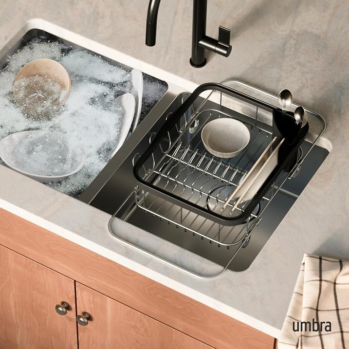 Umbra Sinkin Dish Drying Rack – Drainer with Cup Holders and Removable Cutlery Caddy – Use Over Sink, in Sink, or On Counter, Deluxe, Black/Nickel